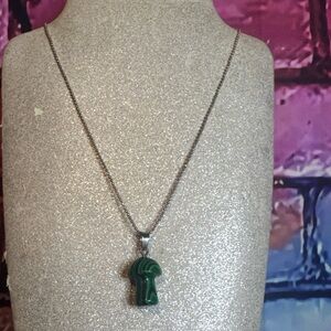 Natural Malachite 3-D Mushroom  Boho Psychedelic Hippie 925 Silver 24”necklace